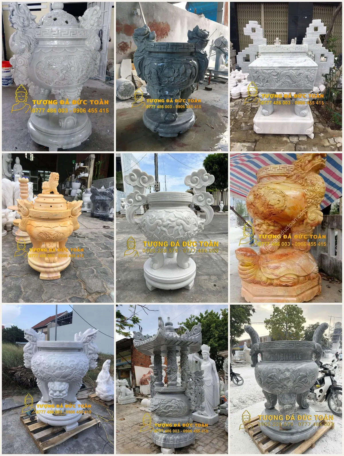 Bộ sưu tập lư hương đá nhiều kiểu và màu đá