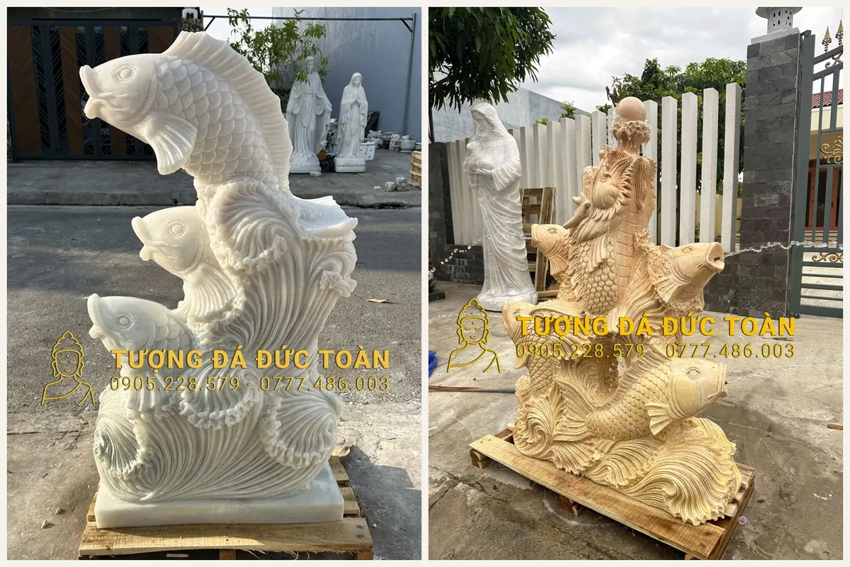 Tượng cá chép đá cẩm thạch trắng và vàng