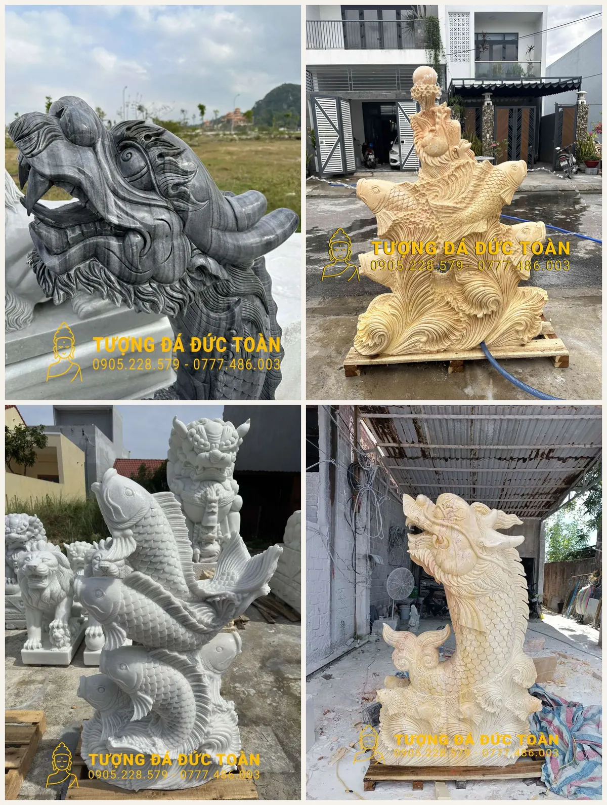Tượng cá chép đá hóa rồng nhiều màu đá