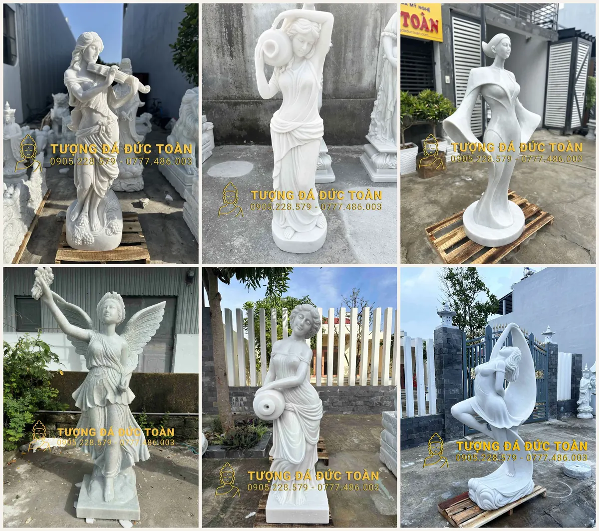 Tượng cô gái bằng đá nhiều dáng tại xưởng Đức Toàn