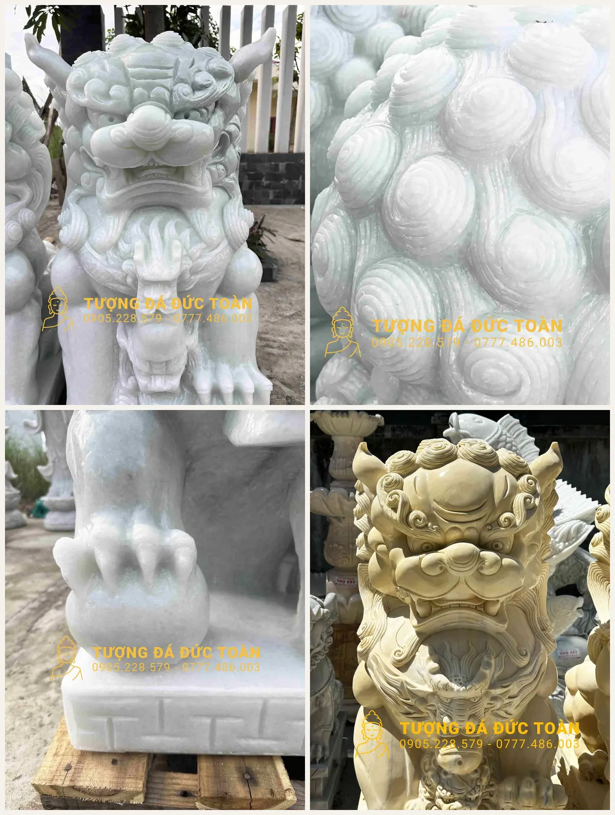 Chi tiết chạm khắc kỳ lân đá: mặt, bờm, móng, đế