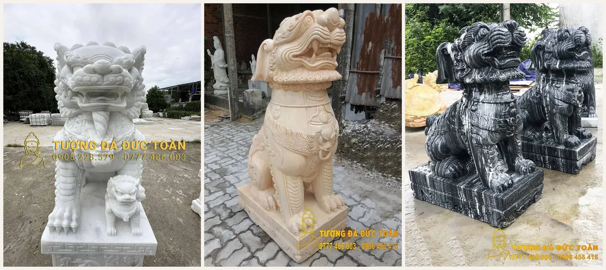 Tượng nghê đá cẩm thạch trắng, vàng, đen vân