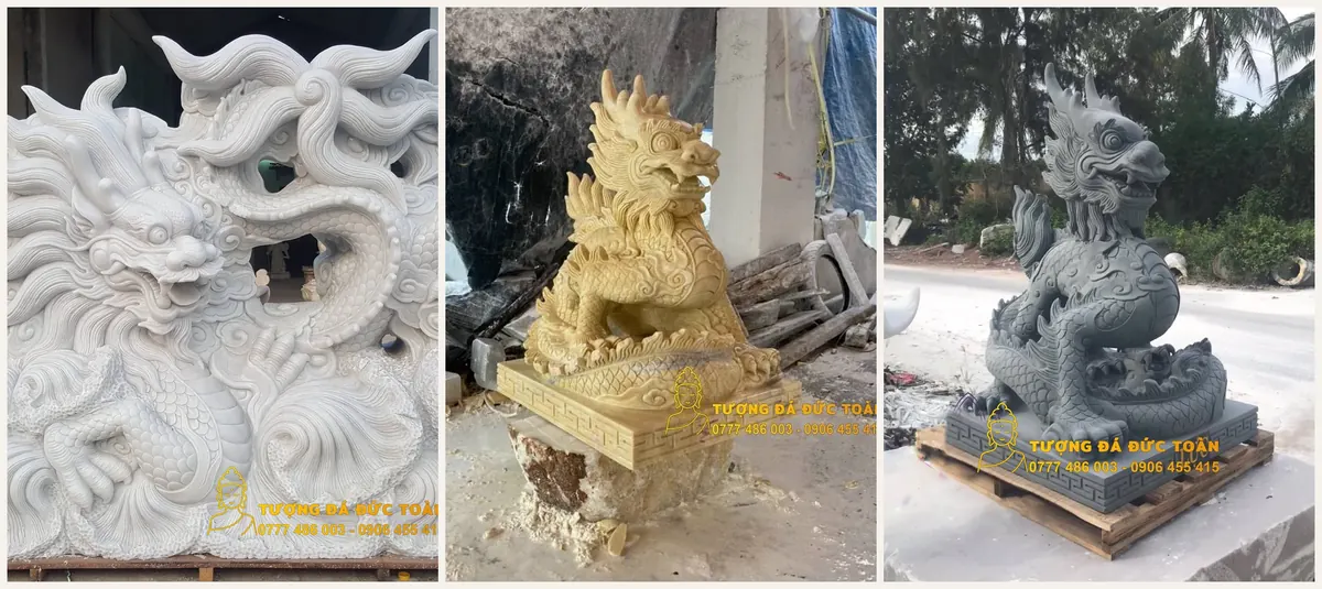 Rồng đá trắng, vàng, đen thể hiện các chất liệu đá