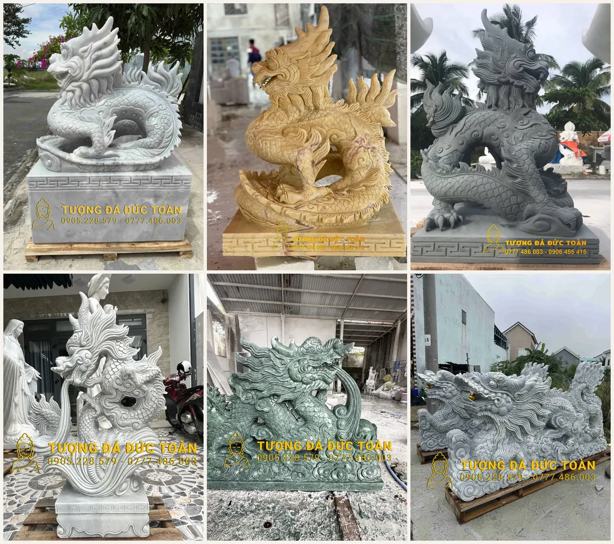 Bộ sưu tập tượng rồng đá nhiều màu đá và dáng tại xưởng Đức Toàn