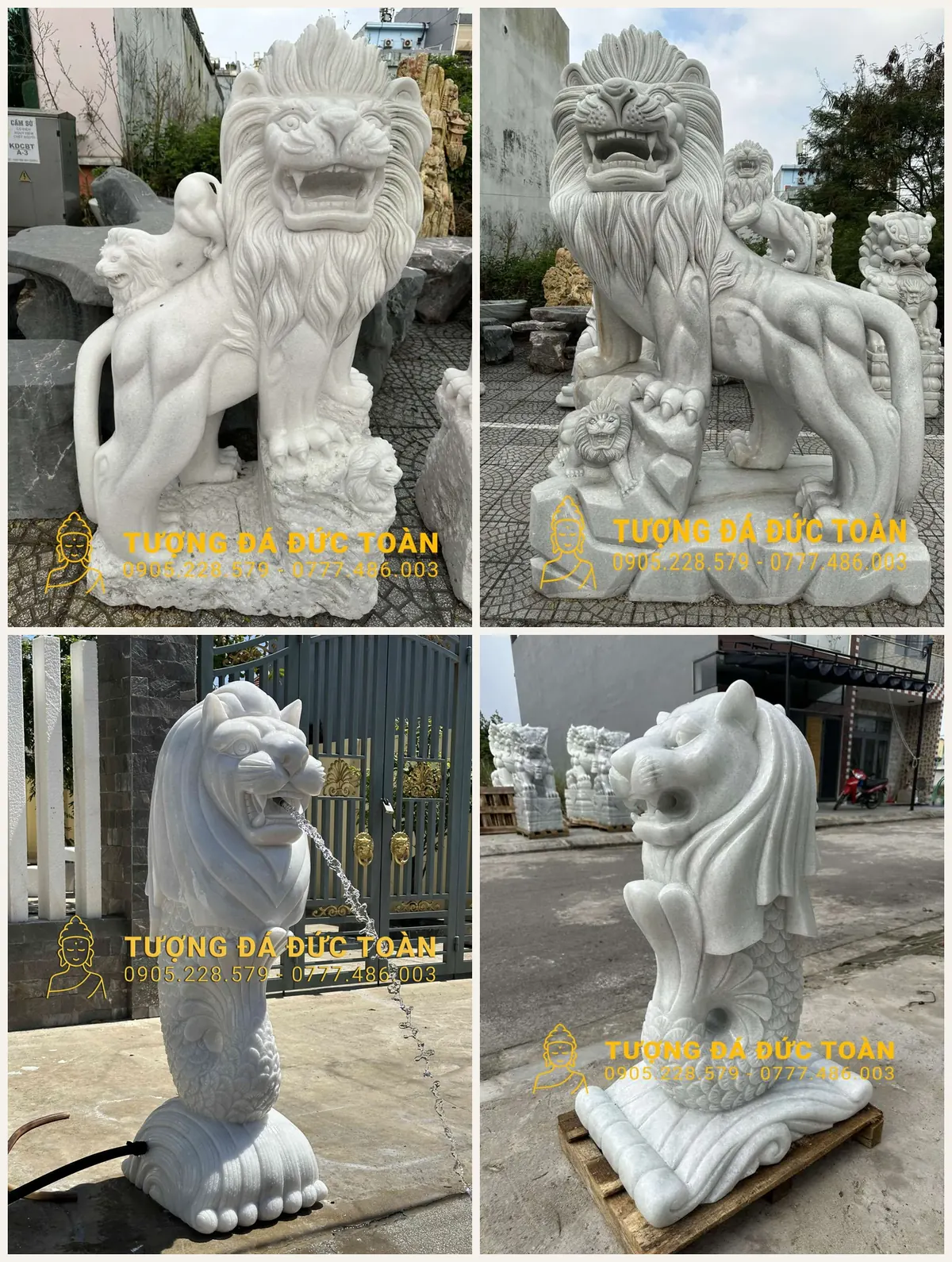 Sư tử đá cõng con và sư tử Singapore phun nước